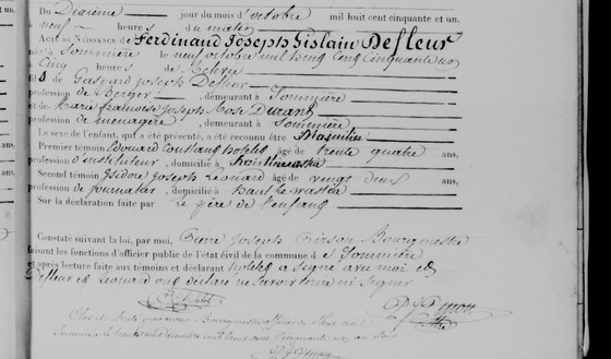 Acte de naissance de Ferdinand Joseph Gislain Defleur, Sommière, 10 octobre 1851 — né la veille, fils de Gaspard Joseph Defleur, berger, et de Marie Françoise Joseph Rose Durant, ménagère ; le père déclare et ne sait signer