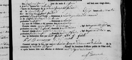 Acte de naissance de Gislain Joseph Jadot, Lesve, 12 juin 1822 — né la veille, fils de Nicolas Joseph Jadot, scieur de long, et de Cécile Julienne Borbouse, ménagère ; le père déclare et signe