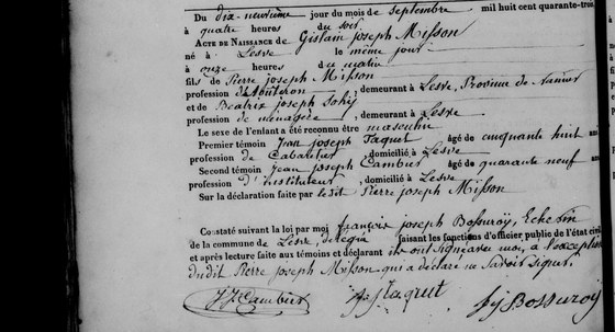 Acte de naissance de Gislain Joseph Misson, Lesve, 19 septembre 1843 — né le même jour, fils de Pierre Joseph Misson, aoûteron, et de Béatrix Joseph Sohy, ménagère ; le père déclare et ne sait signer