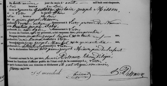 Acte de naissance de Gustave Gislain Joseph Misson, Lesve, 31 août 1850 — né la veille, fils de Pierre Joseph Misson, ouvrier aoûteron, et de Béatrix Joseph Sohy, ménagère ; le père déclare, et une signature « pierre mison » figure au bas