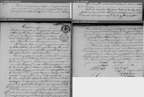 Acte de mariage de Henri Joseph Borbouse et de Catherine Beaupère, Arbre, 8 février 1857, acte n° 2 — les époux et leurs parents, les pièces lues ; puis le consentement, les témoins et les signatures ; les pages mises bout à bout, en deux colonnes