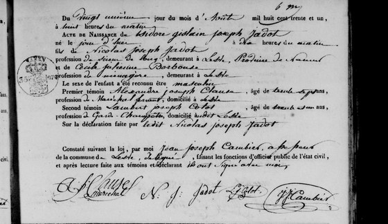 Acte de naissance d'Isidore Gislain Joseph Jadot, Lesve, 21 août 1831 — né le 20 ;au natif