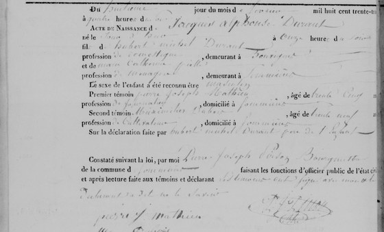 Acte de naissance de Jacques Alphonse Durant, Sommière, 8 février 1833 — né la veille, fils d'Hubert Michel Durant, domestique, et de Marie Catherine Piette, ménagère