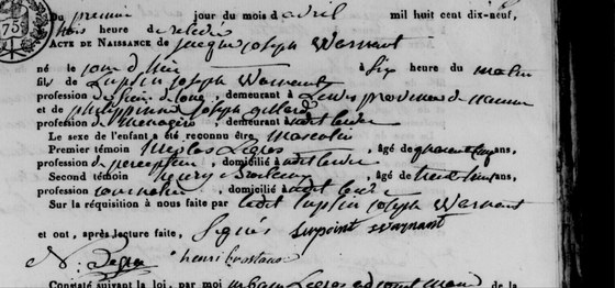 Son acte de naissance — Lesve, 1ᵉʳ avril 1819