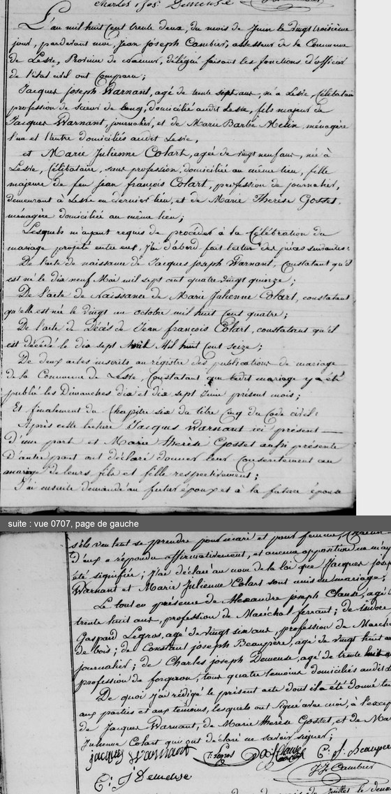 Acte de mariage de Jacques Joseph Warnant et de Marie Julienne Colart, Lesve, 23 juin 1832 — les époux et leurs parents, les pièces lues ; puis, au feuillet suivant, les témoins et les signatures ; les deux pages mises bout à bout