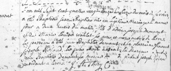 Acte de baptême de Jean Baptiste Demanet, paroisse de Lesve, 16 février 1792