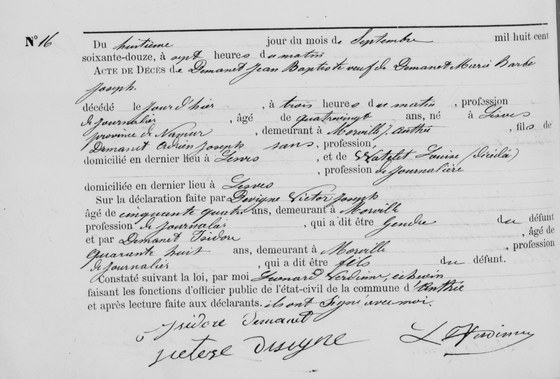 Acte de décès de Jean Baptiste Demanet, Anthée, 8 septembre 1872 (décédé le 7 à Morville), acte n° 16