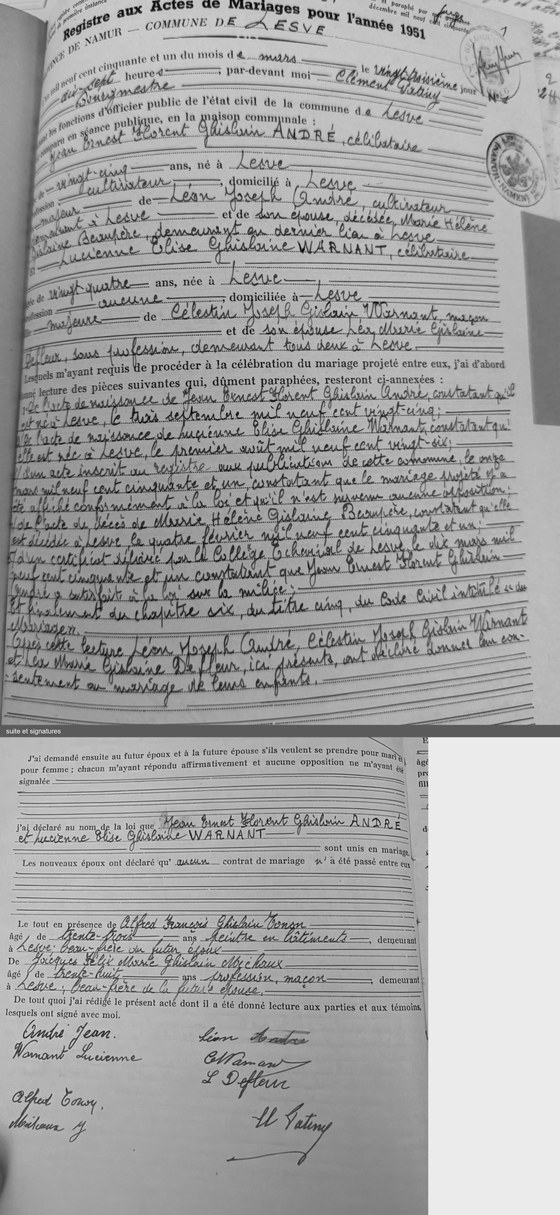 Son acte de mariage — Lesve, 23 mars 1951, n° 1 ; deux pages recollées ( ; photos de Didier au guichet de Profondeville, originaux dans Originaux/6a-Jean-Ernest-Florent-Ghislain-ANDRE-1925/)