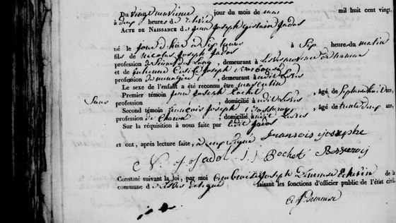 Acte de naissance de Jean Joseph Gislain Jados (Jadot), Lesve, 29 mai 1820 — né la veille, fils de Nicolas Joseph Jados, scieur de long, et de Julienne Cécile Joseph Borbouse, ménagère ; le père déclare et signe « N. J. Jadot »