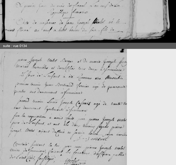 Acte de naissance de Jean Joseph Melot, Sommière, 1er floréal an IX — fils de Pierre Joseph Melot, berger, et de Marie Joseph Suray ; montage de deux vues (0133, 0134)