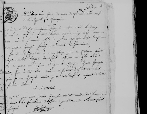Acte de décès de Jean Joseph Melot, Sommière, 2 floréal an IX — âgé d'un jour ; déclaré par son père et par Jean Joseph Melot, son oncle