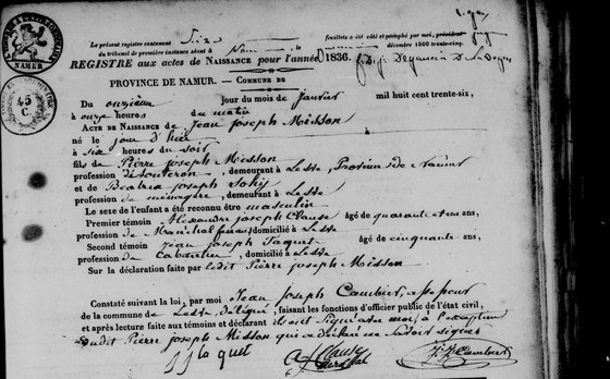 Acte de naissance de Jean Joseph Misson, Lesve, 11 janvier 1836 — premier acte du registre de l'année ; né la veille, fils de Pierre Joseph Misson, aoûteron, et de Béatrix Joseph Sohy, ménagère ; le père déclare et ne sait signer