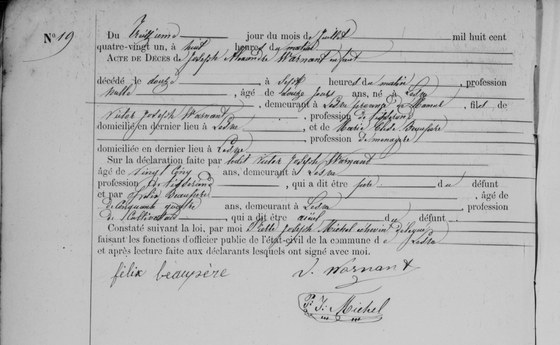 Son acte de décès — Lesve, 13 juillet 1881, acte n° 19