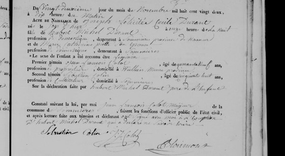 Acte de naissance de Joseph Félicitée Cécile Durant, Sommière, 22 novembre 1822 — née la veille à onze heures du soir, fille d'Hubert Michel Durant, domestique, et de Marie Catherine Piette ; le père déclare et ne sait écrire