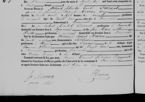 Acte de décès de Joseph Félicitée Cécile Durant, épouse de Ferdinand Joseph Marron, berger, Sommière, 1er septembre 1856 — morte le 30 août à sept heures du soir, trente-trois ans ; son mari déclare et signe
