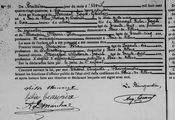 Son acte de naissance — Bois-de-Villers, 13 avril 1894, acte n° 11