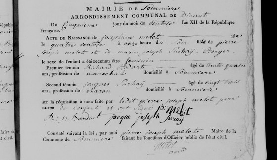 Acte de naissance de Joséphine Melot, Sommière, 5 ventôse an XII — née la veille au soir, fille de Pierre Joseph Melot, berger, et de Marie Joseph Surhay