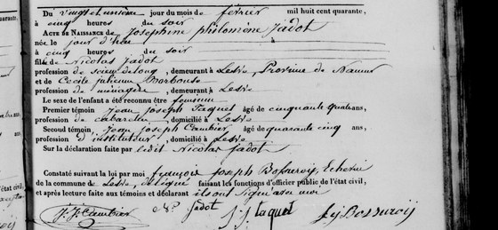 Acte de naissance de Joséphine Philomène Jadot, Lesve, 21 février 1840 — née la veille, fille de Nicolas Jadot, scieur de long, et de Cécile Julienne Borbouse, ménagère ; le père déclare et signe