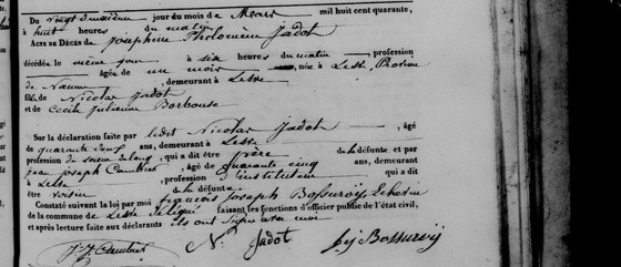 Acte de décès de Joséphine Philomène Jadot, un mois, Lesve, 22 mars 1840 — morte le même jour ; déclarée par son père et par l'instituteur, voisin
