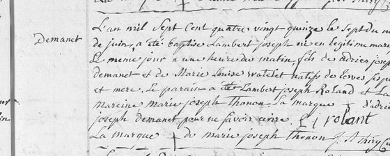 Acte de baptême de Lambert Joseph Demanet, paroisse de Lesve, 7 juin 1795
