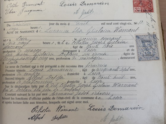 Son acte de naissance — photo du registre par Didier, guichet de Profondeville, octobre 2026 ; original dans Originaux/