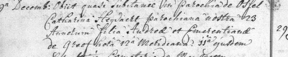 8 — Sa sépulture, 9 décembre 1782, morte quasi subitanee dans la paroisse d'Ossel, à vingt-trois ans, fille d'Andreas et d'Emerentiana de Greef. AGATHA vol. 99575, série 518_0342_000_00013_000, fichier 0076, page de gauche