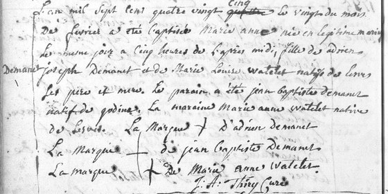 Acte de baptême de Marie Anne Demanet, paroisse de Lesve, 20 février 1785