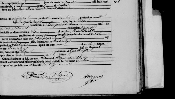 Acte de décès de Marie Anne Demanet, Lesve, 24 janvier 1866 (décédée le 21), acte n° 6