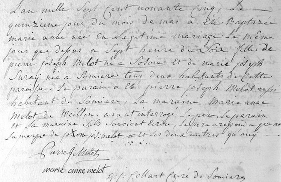 Acte de baptême de Marie Anne Melot, paroisse Saint-Hubert de Sommière, 15 mai 1795 — née le jour même ; parrain Pierre Joseph Melot, de Sommière, marraine Marie Anne Melot, de Weillen