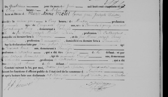 Acte de décès de Marie Anne Melot, épouse Jean Joseph Pirson, Sommière, 4 juin 1851 — morte le matin même, cinquante-cinq ans ; l'acte redit sa naissance du 15 mai 1795 ; son mari déclare et ne sait signer