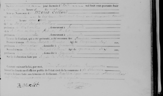 Acte de naissance de Marie Collard, Sommière, 19 août 1848 — née la veille, fille de Jacques Joseph Collard, cabaretier, et de Sélestine Antoinette Félicitée Melot, ménagère ; le père déclare et ne sait signer