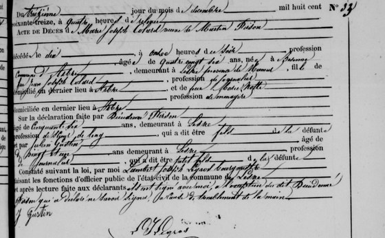 Son acte de décès — Lesve, 13 décembre 1873 : il nomme ses deux parents, son mari, son fils et son petit-fils