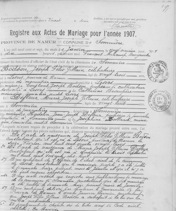 Son acte de mariage — Sommière, 26 janvier 1907 : il la date au jour, nomme ses parents et ceux du marié, et dit Catherine Beaupère vivante