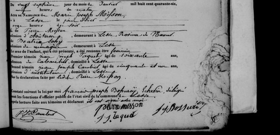 Acte de naissance de Marie Joseph Misson, Lesve, 27 janvier 1846 — née la veille, fille de Pierre Misson, aoûteron, et de Béatrix Sohy, ménagère ; le père déclare, et une signature « pierre misson » figure au bas