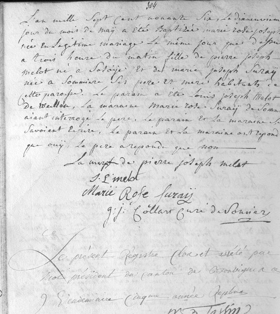 Acte de baptême de Marie Rose Joseph Melot, paroisse Saint-Hubert de Sommière, 19 mai 1796 — née le jour même ; parrain Louis Joseph Melot, de Weillen, marraine Marie Rose Suray ; sous l'acte, la clôture du registre, an V