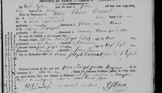 Acte de naissance de Marie Thérèse Durant, Sommière, 27 janvier 1825 — née la veille, fille d'Hubert Joseph Durant, domestique demeurant à Graux, et de Catherine Joseph Piette, ménagère à Sommière