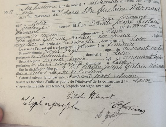 Son acte de naissance — photo du registre par Didier, guichet de Profondeville, octobre 2026 ; original dans Originaux/