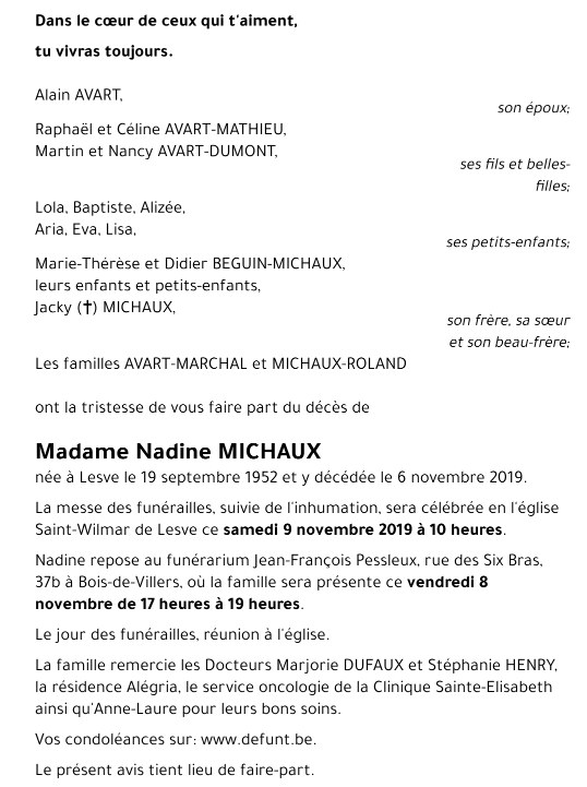 Le faire-part de sa fille Nadine, trois ans plus tard — il nomme la fratrie et tranche le prénom de Jacky