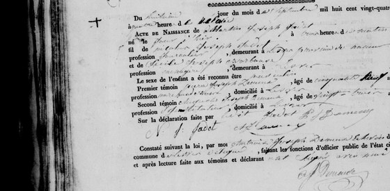 Acte de naissance de Martin Joseph Jadot, Lesve, 8 septembre 1824 — né la veille, fils de Nicolas Joseph Jadot, journalier, et de Cécile Joseph Borbouse, ménagère ; le père déclare et signe