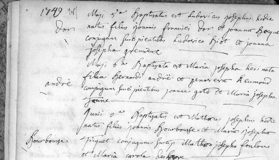 Acte de baptême de Mathieu Joseph Borbouse, paroisse de Lesve, 2 juin 1749 — avec l'en-tête « 1749 »