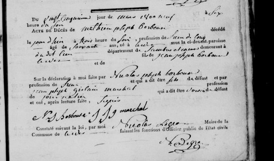 Acte de décès de Mathieu Joseph Borbouse, Lesve, 25 mars 1809 — fils de Jean Joseph Borbouse