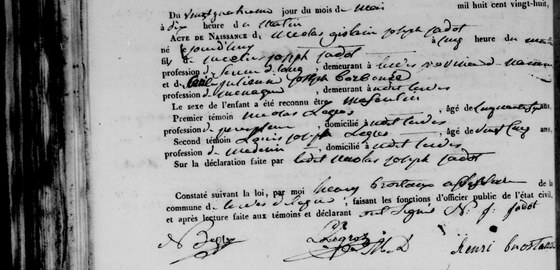 Acte de naissance de Nicolas Gislain Joseph Jadot, Lesve, 24 mai 1828 — né le jour même, fils de Nicolas Joseph Jadot, scieur de long, et de Cécile Julienne Joseph Borbouse, ménagère ; le père déclare et signe