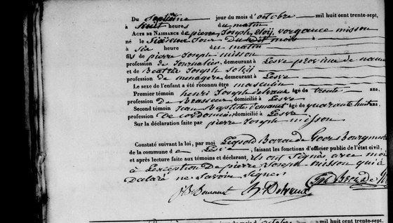 Acte de naissance de Pierre Joseph Éloy Vorgance Misson, Lesve, 7 octobre 1837 — né le 6, fils de Pierre Joseph Misson, journalier, et de Béatrix Joseph Sohy, ménagère ; le père déclare et ne sait signer