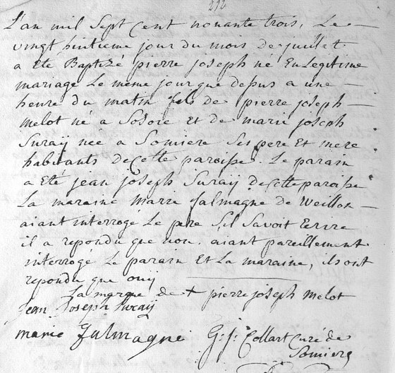 Acte de baptême de Pierre Joseph Melot, paroisse Saint-Hubert de Sommière, 28 juillet 1793 — né le jour même ; parrain Jean Joseph Suray, marraine Marie Falmagne, de Weillen
