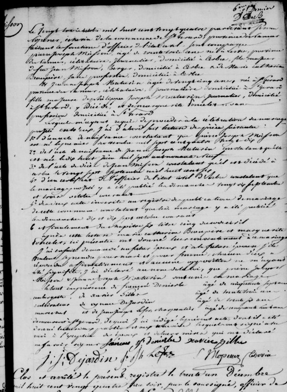 Acte de mariage de Pierre Joseph Misson et de Jeanne Joseph Maturin, Saint-Gérard, 23 octobre 1824 — fils de feu Jean Misson, berger, mort à Arbre le 27 septembre 1806, et de Marie Catherine Beaupère
