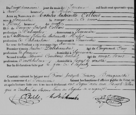 Acte de naissance de Rosalie Antoinette Collard, Sommière, 22 janvier 1844 (née le 21)