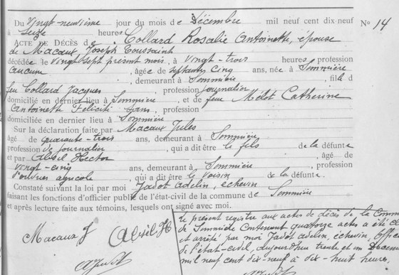 Acte de décès de Rosalie Antoinette Collard, épouse de Joseph Toussaint Macaux, Sommière, 29 décembre 1919 (décédée le 27), acte n° 14