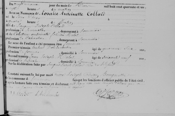 Acte de naissance de Rosalie Antoinette Collard, Sommière, 21 mars 1841 — née la veille, fille de Jacques Joseph Collard, journalier, et de Célestine Antoinette Félicité Melot, cabaretière ; le père déclare et ne sait signer