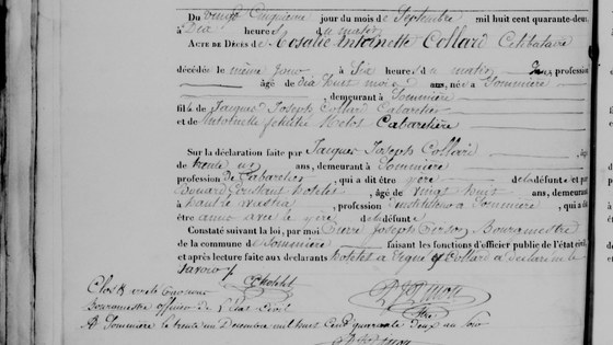 Acte de décès de Rosalie Antoinette Collard, Sommière, 25 septembre 1842 — morte le jour même à dix-huit mois ; déclarée par son père et l'instituteur Notelet