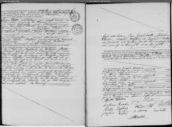 Acte de mariage de Valentin Piette et de Rosalie Joseph Ghislaine Defleur, Sommière, 29 septembre 1893, n° 3 — les époux et leurs parents, les pièces lues ; puis les consentements, les témoins et les signatures ; les pages mises côte à côte, en deux colonnes